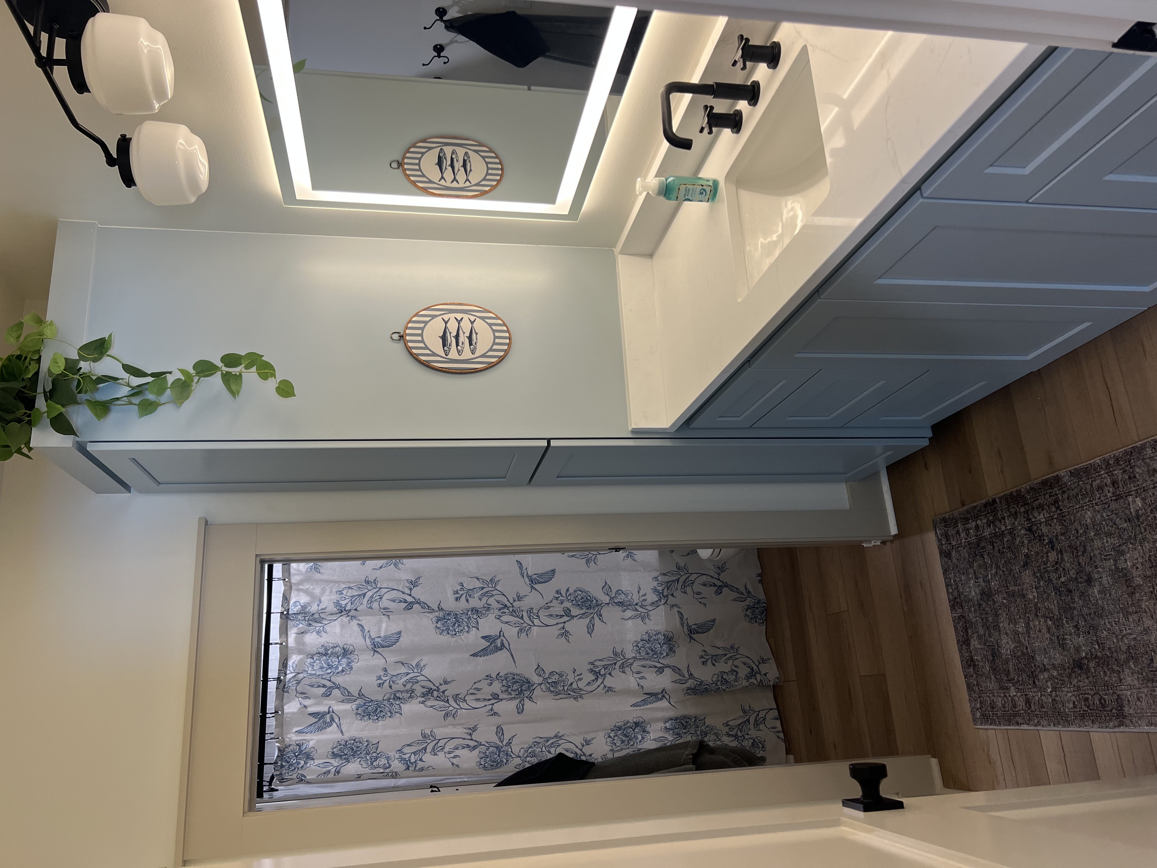 Coastal bathroom with fish art