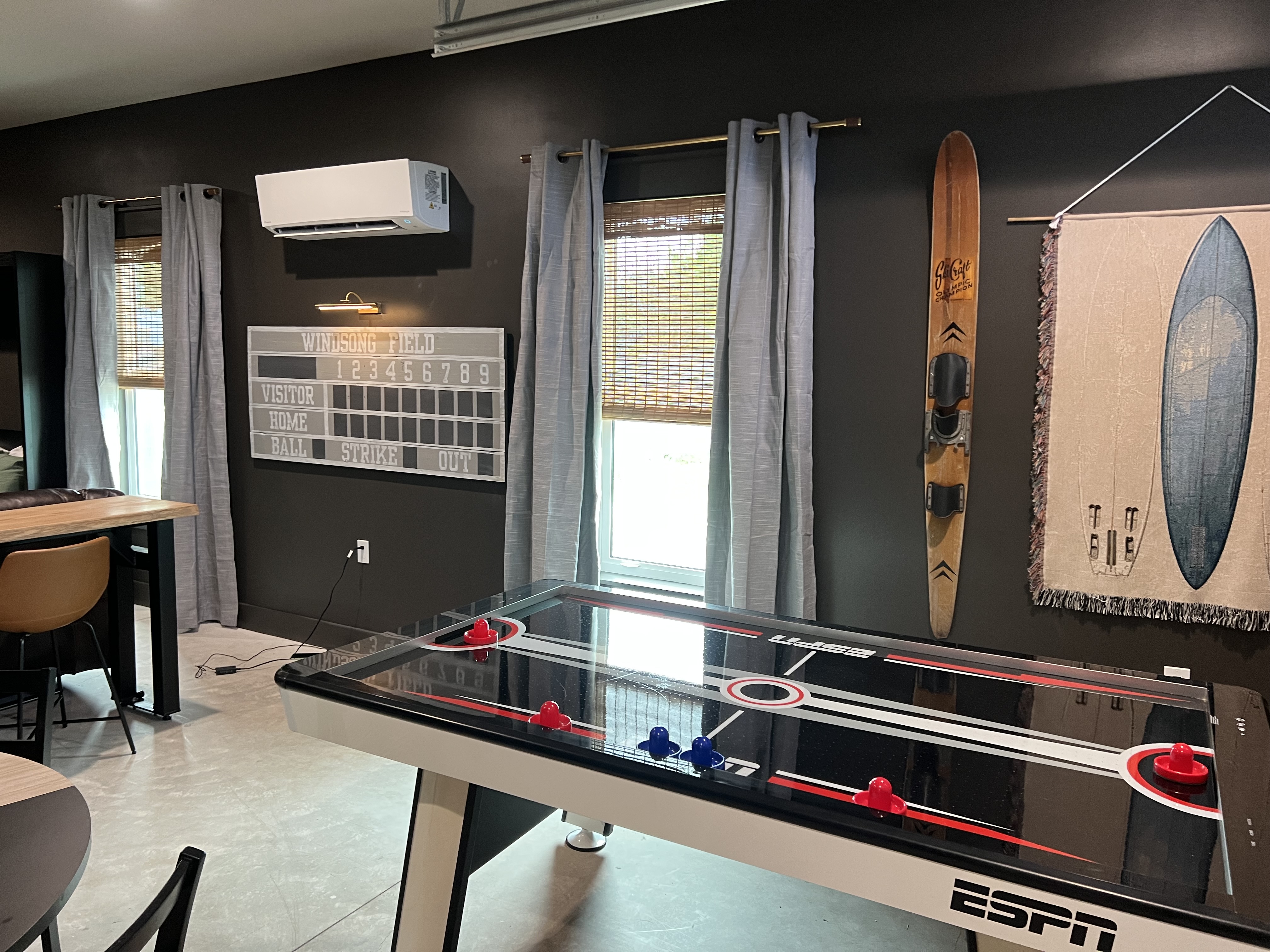 Air hockey table and Windsong Field scoreboard